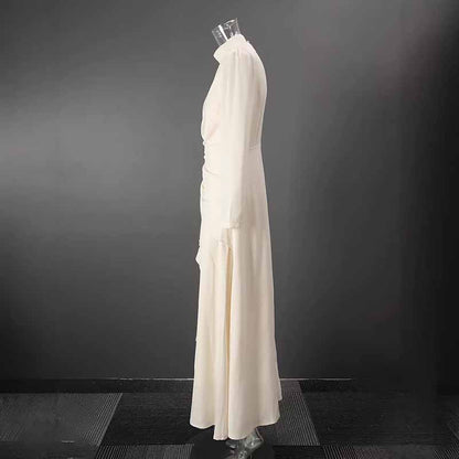 Women’s Long Sleeve Formal Dress – Stand-Up Collar, Hand Beaded Detail