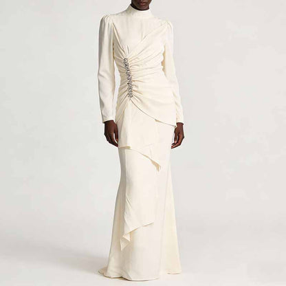 Women’s Long Sleeve Formal Dress – Stand-Up Collar, Hand Beaded Detail