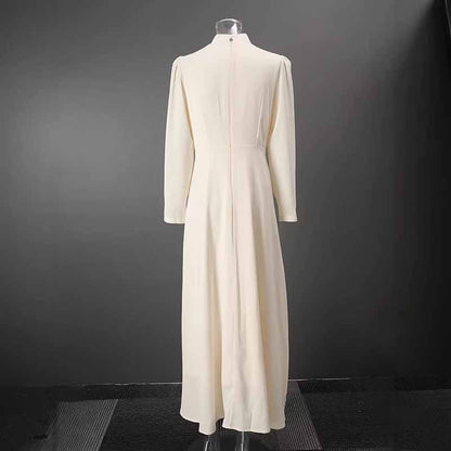 Women’s Long Sleeve Formal Dress – Stand-Up Collar, Hand Beaded Detail