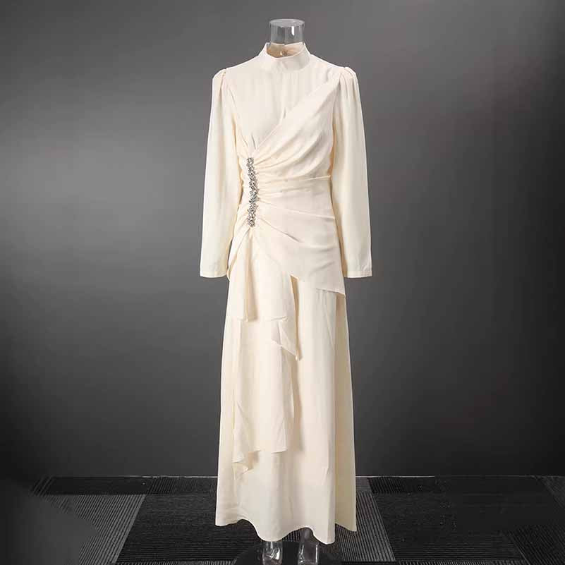 Women’s Long Sleeve Formal Dress – Stand-Up Collar, Hand Beaded Detail