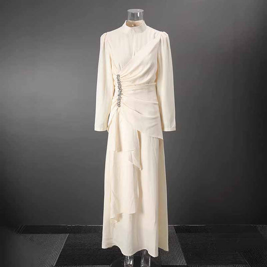 Women’s Long Sleeve Formal Dress – Stand-Up Collar, Hand Beaded Detail