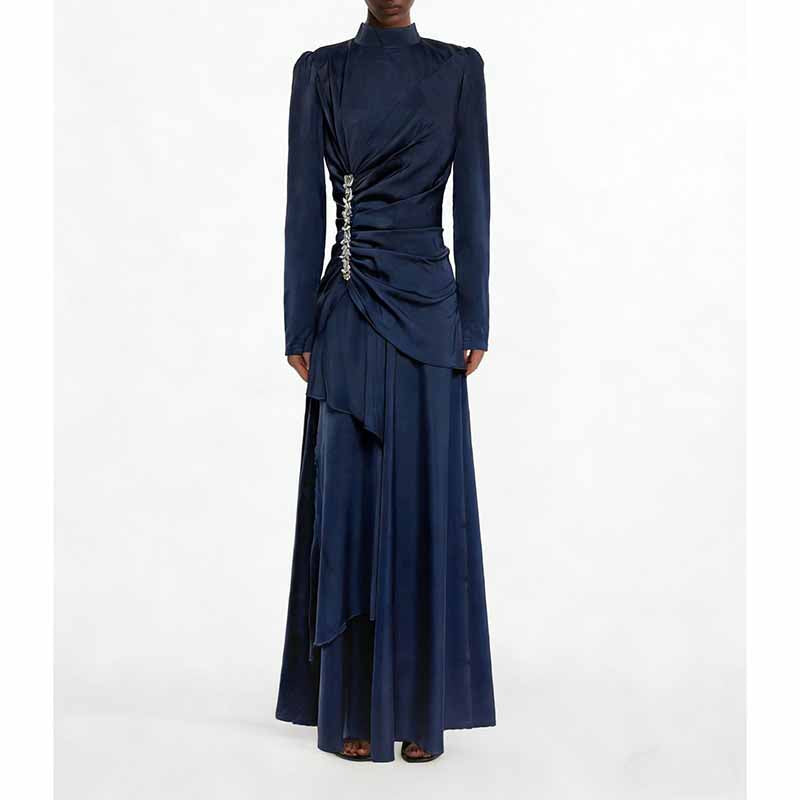 Women’s Long Sleeve Formal Dress – Stand-Up Collar, Hand Beaded Detail