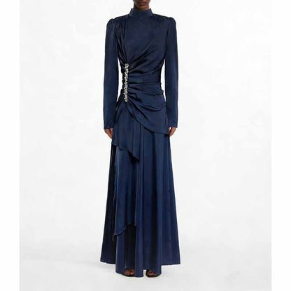 Women’s Long Sleeve Formal Dress – Stand-Up Collar, Hand Beaded Detail