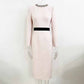 Women's Long Sleeve Pink Midi Dress Bead Detail Elegant Round-Neck Dress