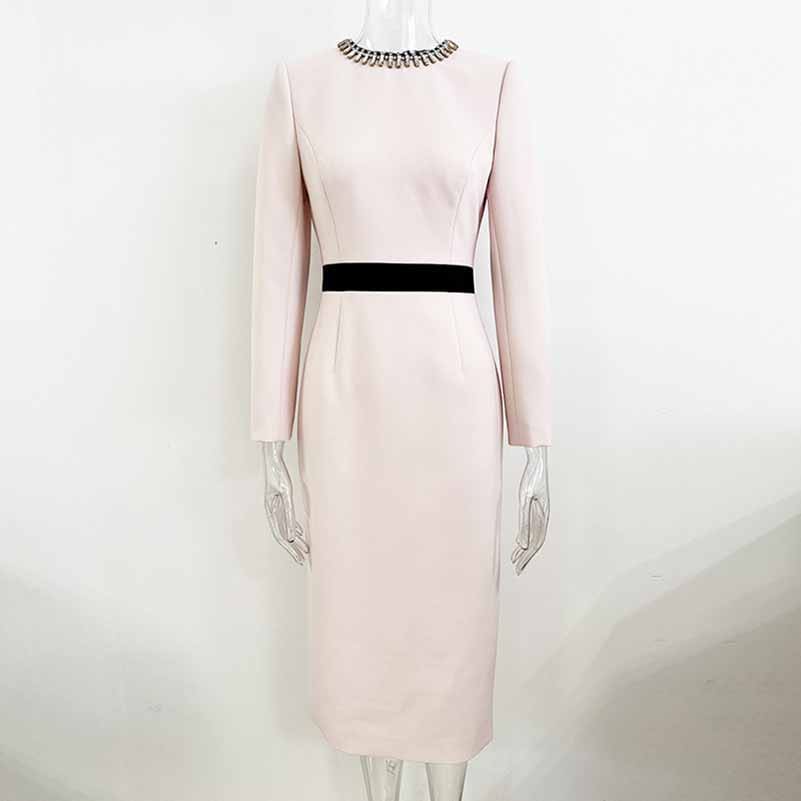 Women's Long Sleeve Pink Midi Dress Bead Detail Elegant Round-Neck Dress