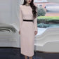 Women's Long Sleeve Pink Midi Dress Bead Detail Elegant Round-Neck Dress