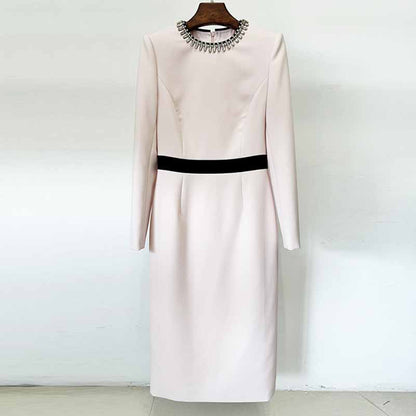 Women's Long Sleeve Pink Midi Dress Bead Detail Elegant Round-Neck Dress