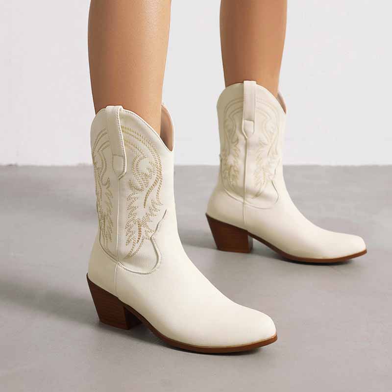 Women's Mid-Calf Western Cowboy Boots Chunky Heel Embroidered Cowgirl Boots