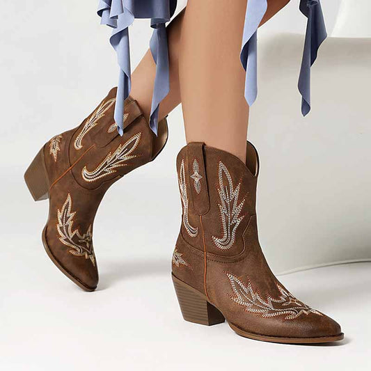 Women Mid-Calf Western Cowboy Boots Low Heel Embroidered Cowgirl Boots - Pointed Toe