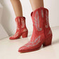 Women Mid-Calf Western Cowboy Boots Low Heel Embroidered Cowgirl Boots - Pointed Toe