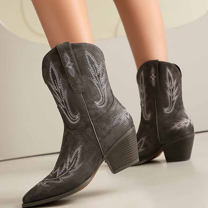 Women Mid-Calf Western Cowboy Boots Low Heel Embroidered Cowgirl Boots - Pointed Toe