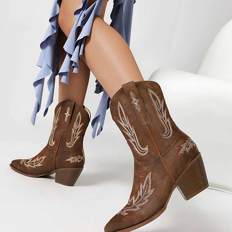 Women Mid-Calf Western Cowboy Boots Low Heel Embroidered Cowgirl Boots - Pointed Toe