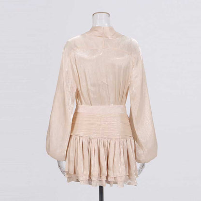 Women's Mini Skirt Suit Tulle Long Sleeve Bow Tie Skirt Set