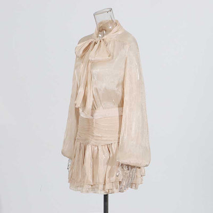 Women's Mini Skirt Suit Tulle Long Sleeve Bow Tie Skirt Set