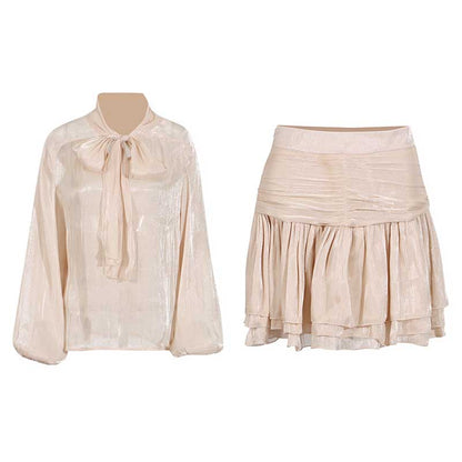 Women's Mini Skirt Suit Tulle Long Sleeve Bow Tie Skirt Set