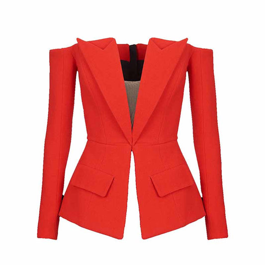 Women's Off Shoulder V-Neck Blazer in Red