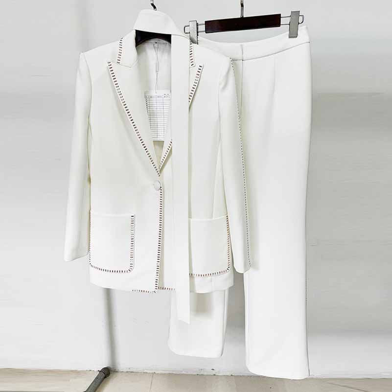 Women's One Button Chic Pantsuit Scarf Embellished Elegant Oversized Blazer Suit