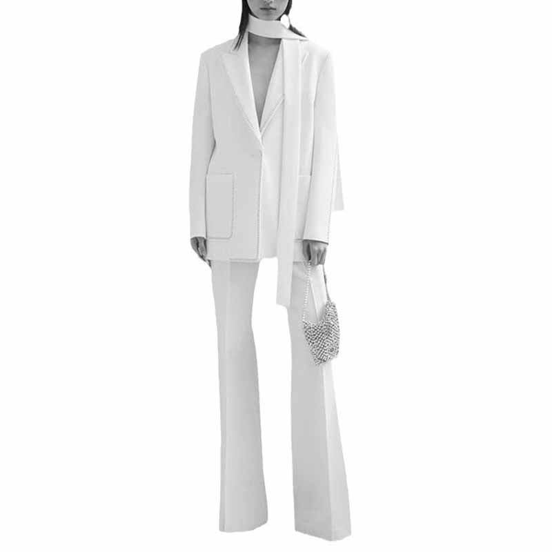 Women's One Button Chic Pantsuit Scarf Embellished Elegant Oversized Blazer Suit