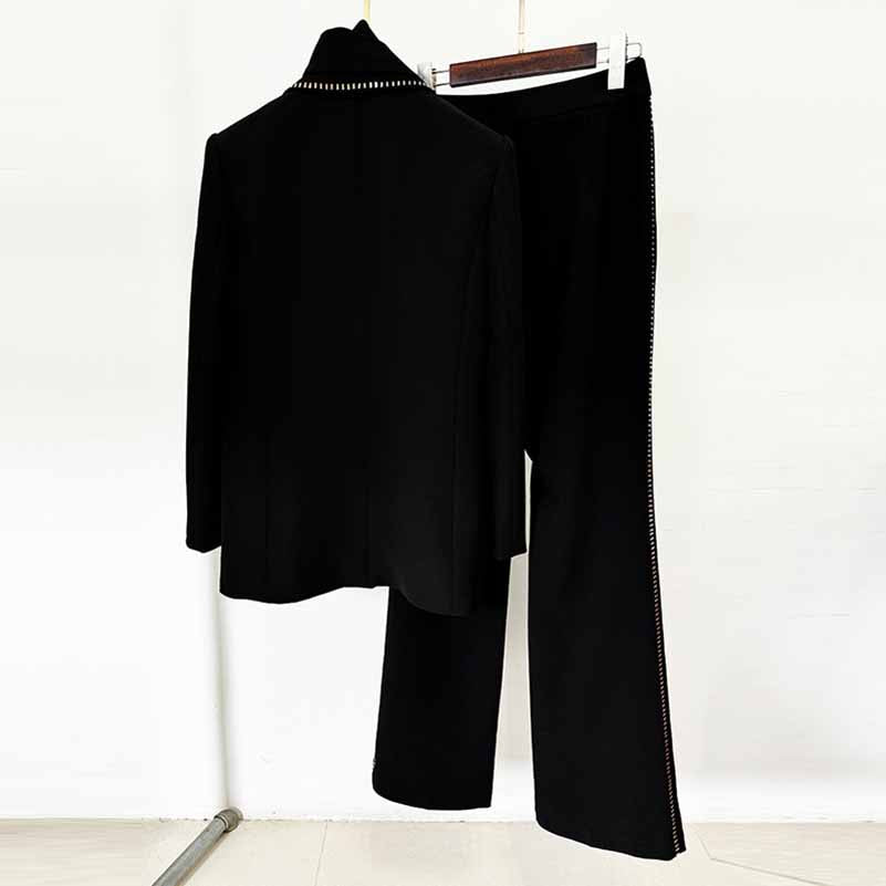 Women's One Button Chic Pantsuit Scarf Embellished Elegant Oversized Blazer Suit