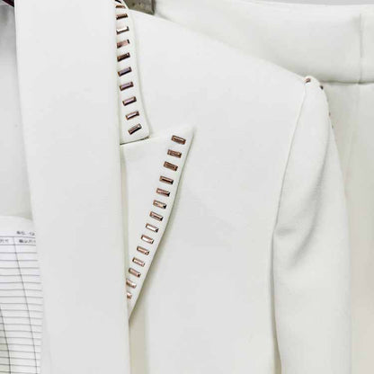 Women's One Button Chic Pantsuit Scarf Embellished Elegant Oversized Blazer Suit