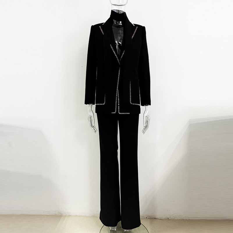 Women's One Button Chic Pantsuit Scarf Embellished Elegant Oversized Blazer Suit