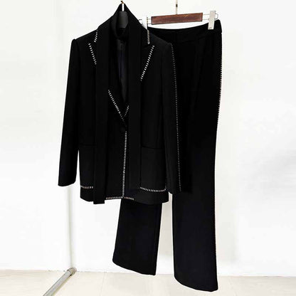 Women's One Button Chic Pantsuit Scarf Embellished Elegant Oversized Blazer Suit