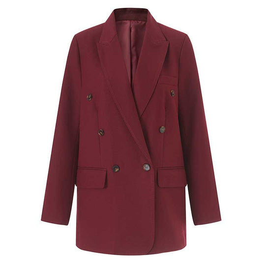 Spring/Autumn Wine Red Blazer Coat for Women | Mid-Length Style