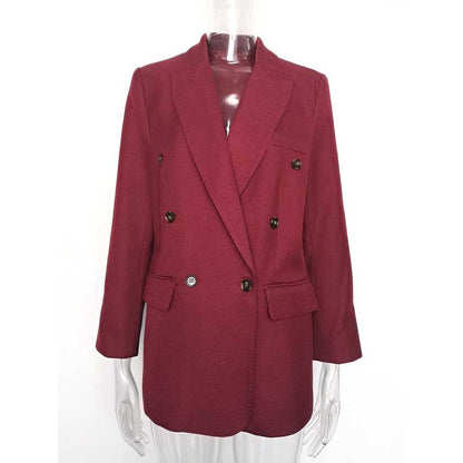 Spring/Autumn Wine Red Blazer Coat for Women | Mid-Length Style