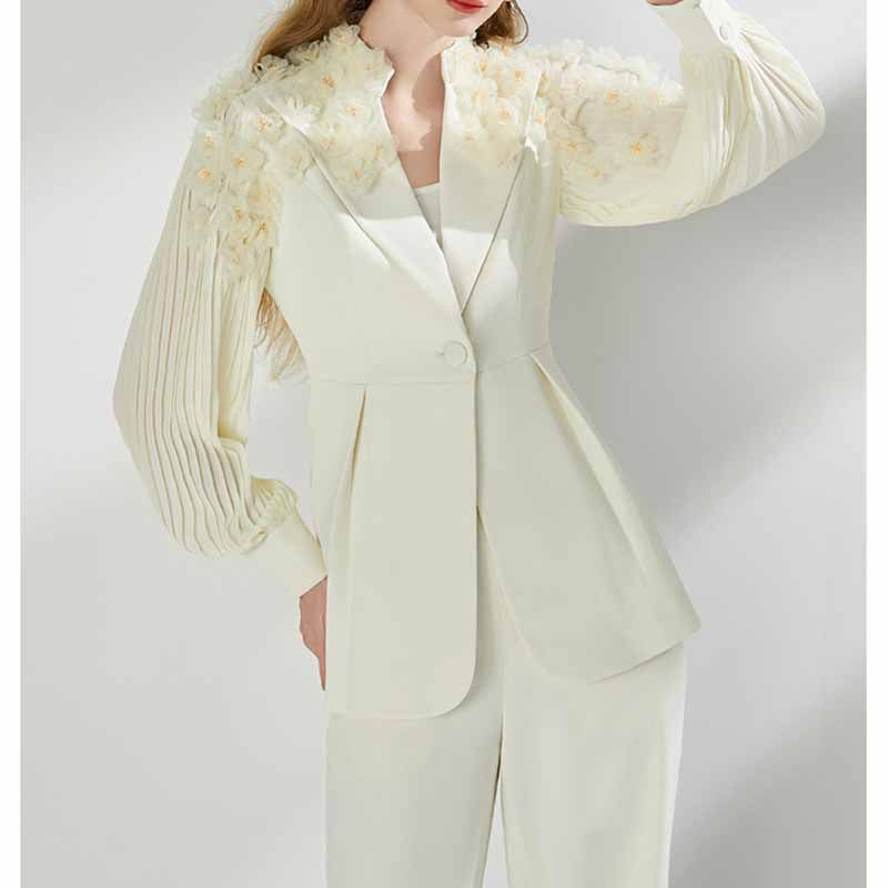 Women's One Button Pantsuit Puff Sleeves Formal Set Event Styling Outfit