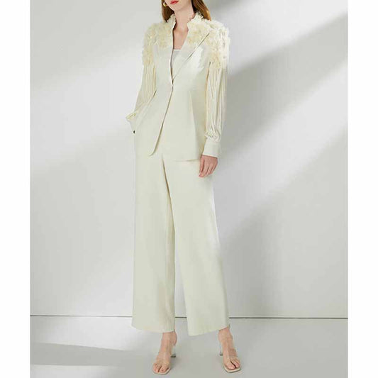 Women's One Button Pantsuit Puff Sleeves Formal Set Event Styling Outfit