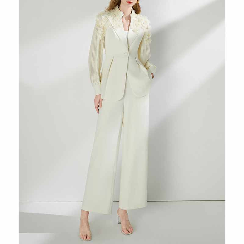 Women's One Button Pantsuit Puff Sleeves Formal Set Event Styling Outfit