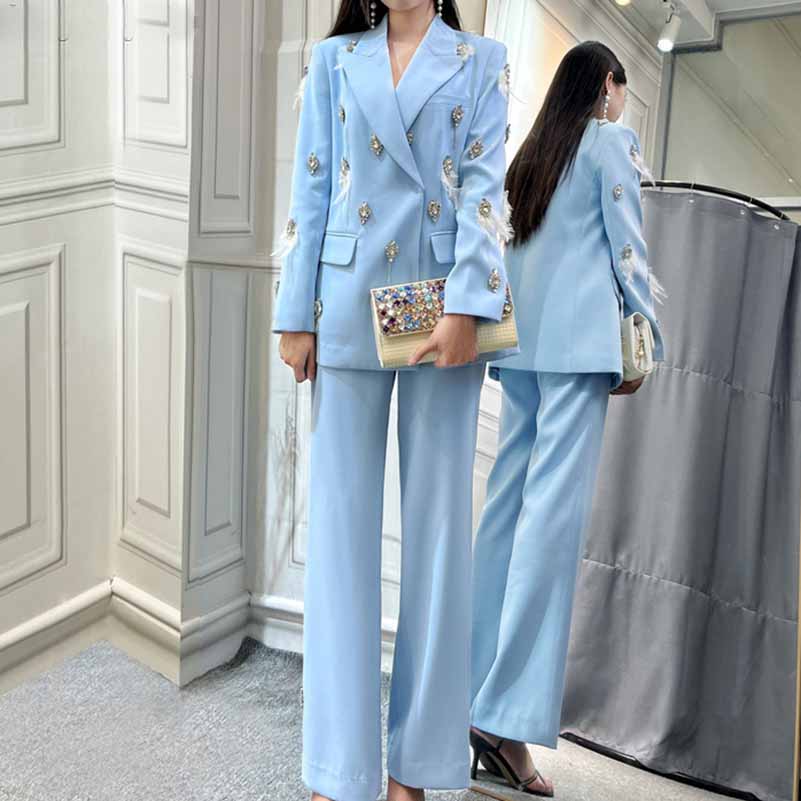 Women's Pantsuit With Diamond and Feather Embellished Formal Set Party Suit