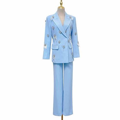 Women's Pantsuit With Diamond and Feather Embellished Formal Set Party Suit