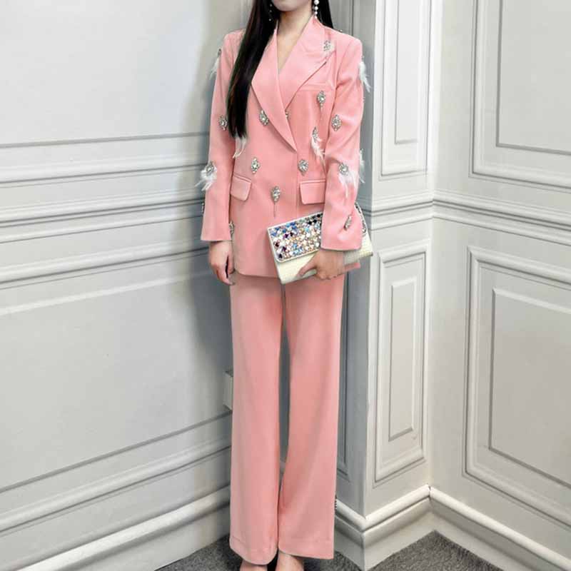 Women's Pantsuit With Diamond and Feather Embellished Formal Set Party Suit