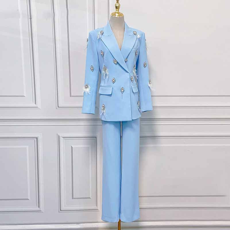 Women's Pantsuit With Diamond and Feather Embellished Formal Set Party Suit