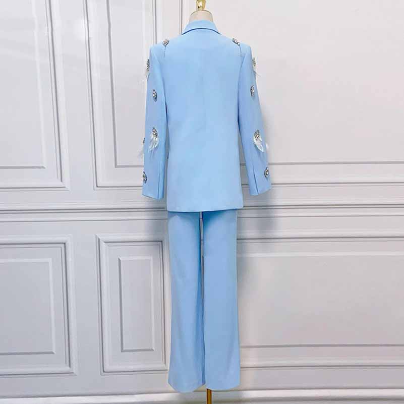 Women's Pantsuit With Diamond and Feather Embellished Formal Set Party Suit