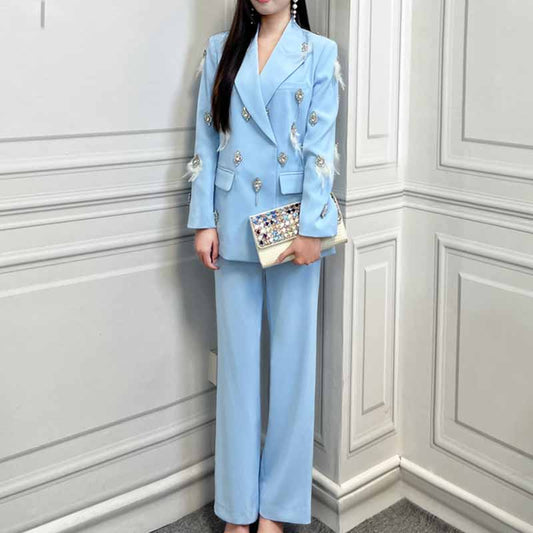 Women's Pantsuit With Diamond and Feather Embellished Formal Set Party Suit