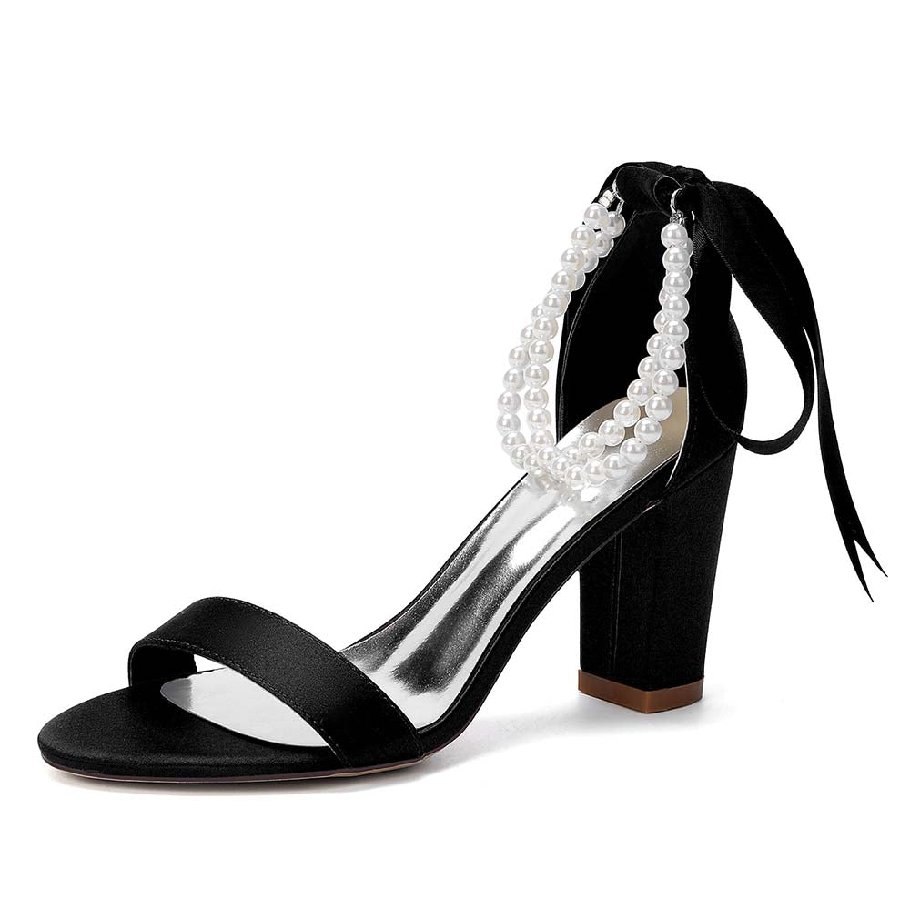Women's Pearl - Detail Satin Chunky Heel Peep - Toe Sandals with Ribbon Tie | Wedding Bridal Shoes