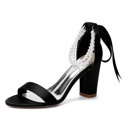 Women's Pearl - Detail Satin Chunky Heel Peep - Toe Sandals with Ribbon Tie | Wedding Bridal Shoes