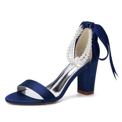 Women's Pearl - Detail Satin Chunky Heel Peep - Toe Sandals with Ribbon Tie | Wedding Bridal Shoes