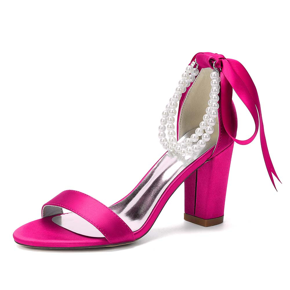 Women's Pearl - Detail Satin Chunky Heel Peep - Toe Sandals with Ribbon Tie | Wedding Bridal Shoes