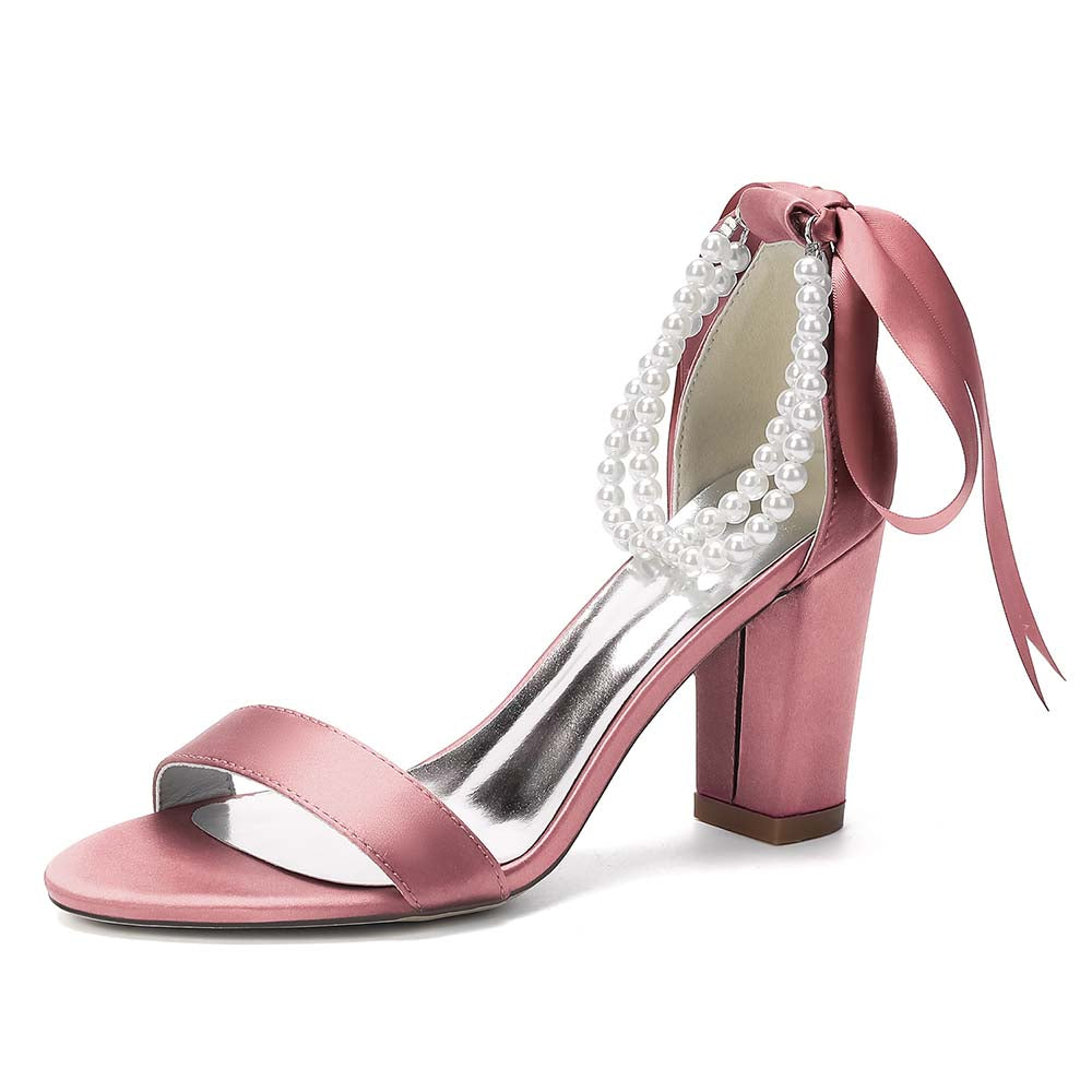 Women's Pearl - Detail Satin Chunky Heel Peep - Toe Sandals with Ribbon Tie | Wedding Bridal Shoes