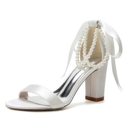 Women's Pearl - Detail Satin Chunky Heel Peep - Toe Sandals with Ribbon Tie | Wedding Bridal Shoes