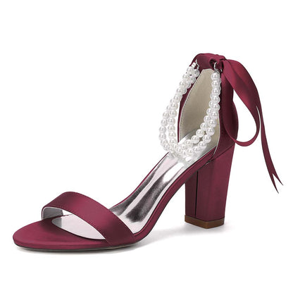 Women's Pearl - Detail Satin Chunky Heel Peep - Toe Sandals with Ribbon Tie | Wedding Bridal Shoes