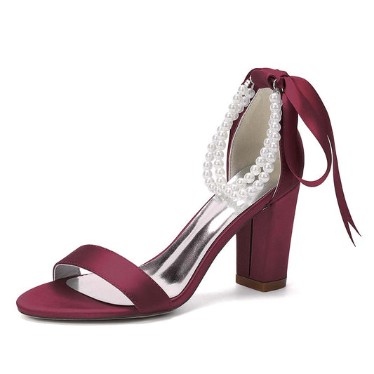 Women's Pearl - Detail Satin Chunky Heel Peep - Toe Sandals with Ribbon Tie | Wedding Bridal Shoes