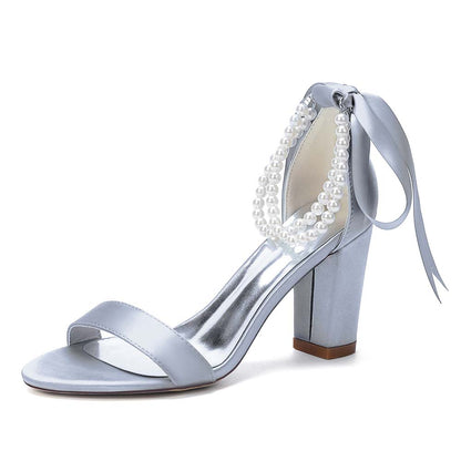 Women's Pearl - Detail Satin Chunky Heel Peep - Toe Sandals with Ribbon Tie | Wedding Bridal Shoes
