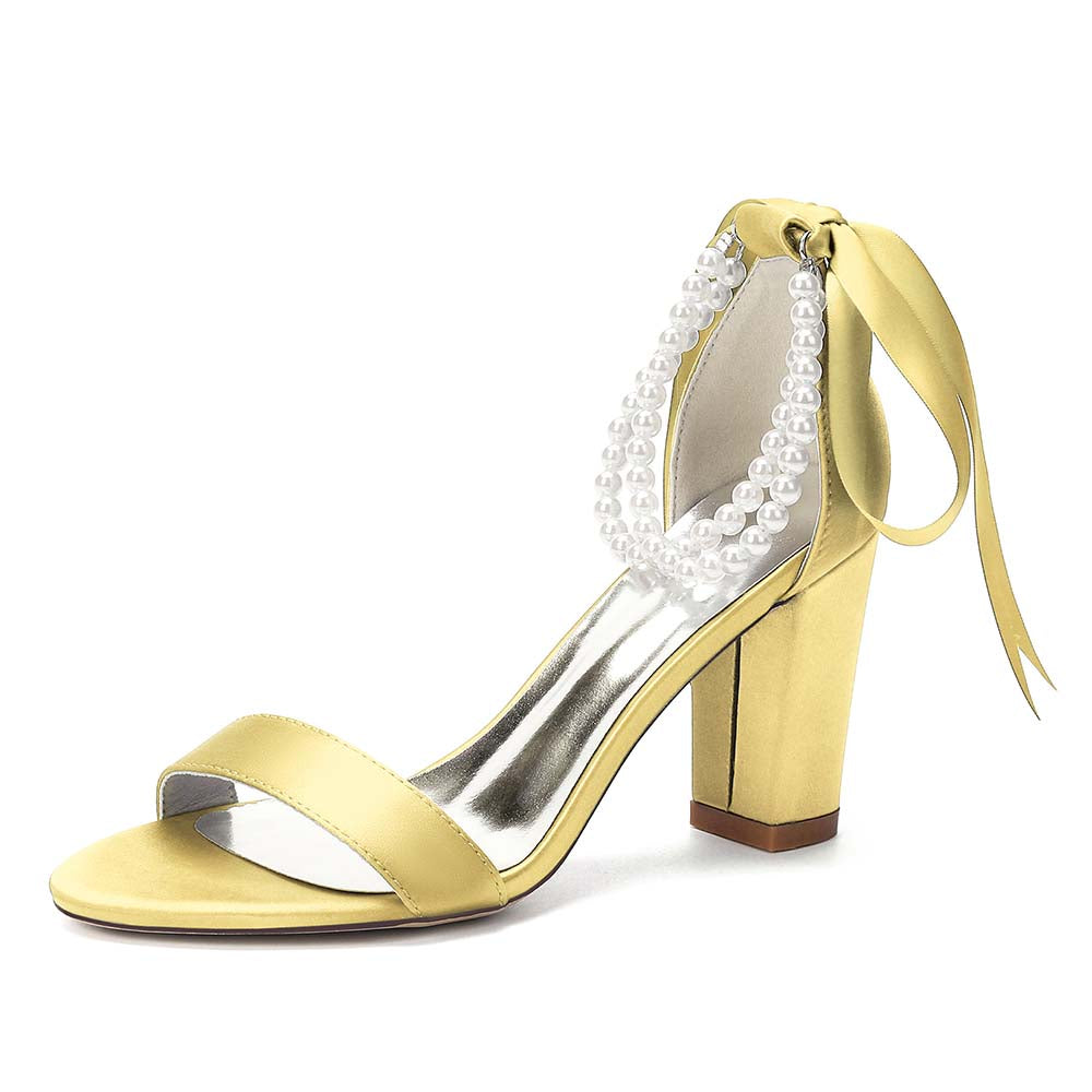 Women's Pearl - Detail Satin Chunky Heel Peep - Toe Sandals with Ribbon Tie | Wedding Bridal Shoes
