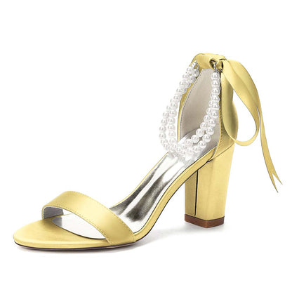 Women's Pearl - Detail Satin Chunky Heel Peep - Toe Sandals with Ribbon Tie | Wedding Bridal Shoes