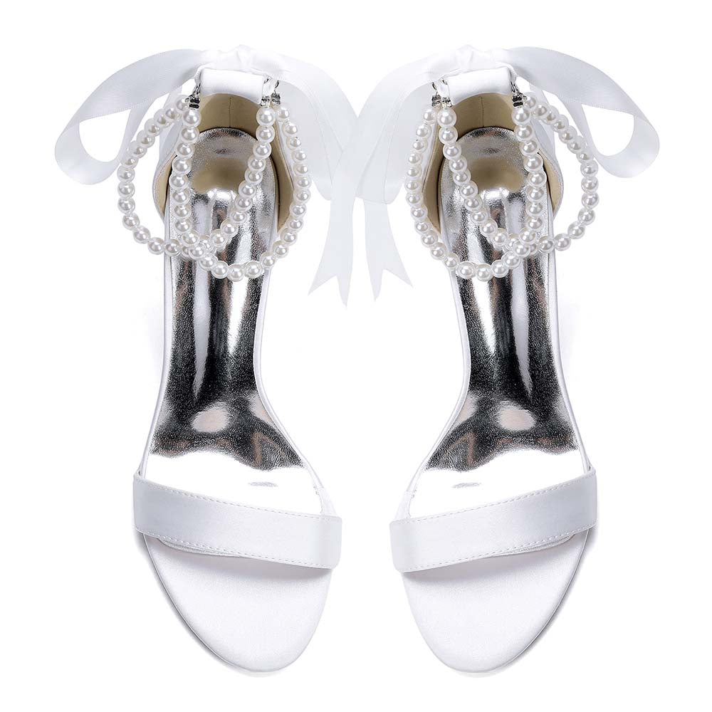 Women's Pearl - Detail Satin Chunky Heel Peep - Toe Sandals with Ribbon Tie | Wedding Bridal Shoes