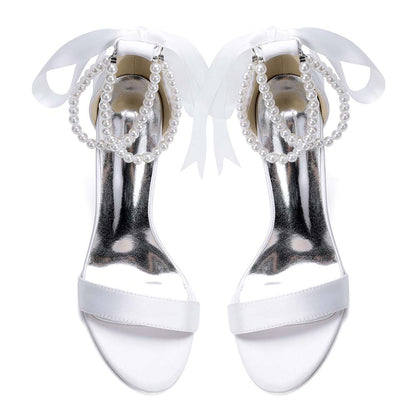 Women's Pearl - Detail Satin Chunky Heel Peep - Toe Sandals with Ribbon Tie | Wedding Bridal Shoes